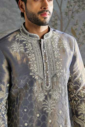 Asuka_Grey Tissue Embroidered Kurta And Pant Set _at_Aza_Fashions