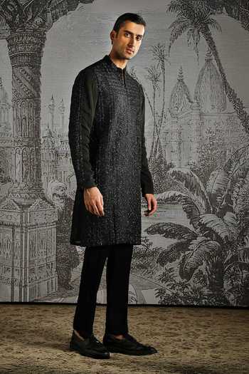 Asuka Black Georgette Tonal Embroidered Kurta And Pant Set at Aza Fashions Asuka_Black Georgette Tonal Embroidered Kurta And Pant Set _at_Aza_Fashions