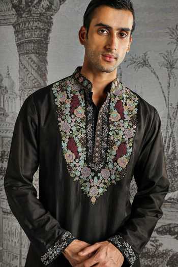 Shop_Asuka_Black Chanderi Silk Embroidered Kurta Set _Online_at_Aza_Fashions