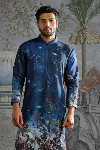 Asuka_Navy Silk Constellation Pattern Kurta And Pant Set _Online_at_Aza_Fashions