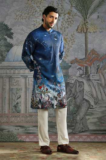 Shop_Asuka_Navy Silk Constellation Pattern Kurta And Pant Set _Online_at_Aza_Fashions