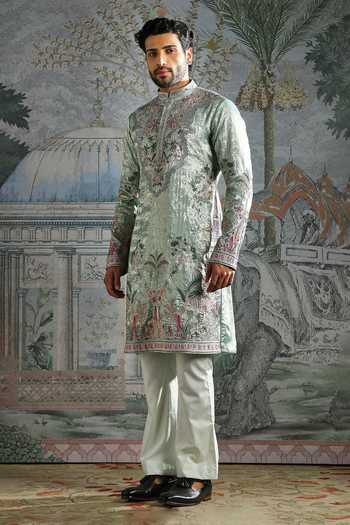 Buy_Asuka_Green Georgette Embroidered Shimmer Kurta And Pant Set _Online_at_Aza_Fashions