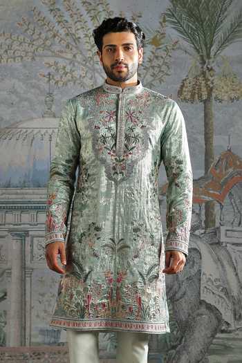 Shop_Asuka_Green Georgette Embroidered Shimmer Kurta And Pant Set _Online_at_Aza_Fashions