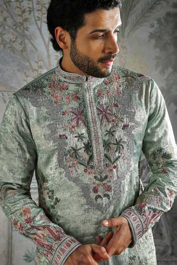 Asuka_Green Georgette Embroidered Shimmer Kurta And Pant Set _at_Aza_Fashions