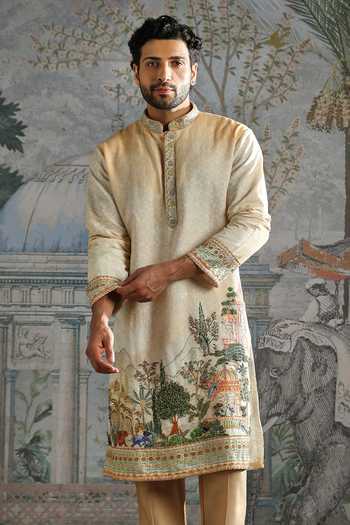 Asuka_Ivory Chanderi Silk Embroidered Kurta And Pant Set _Online_at_Aza_Fashions