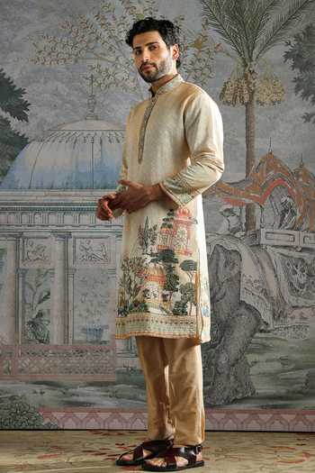 Buy_Asuka_Ivory Chanderi Silk Embroidered Kurta And Pant Set _Online_at_Aza_Fashions