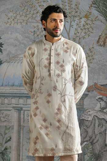 Buy_Asuka_Ivory Chanderi Silk Floral Embroidered Kurta Set _Online_at_Aza_Fashions
