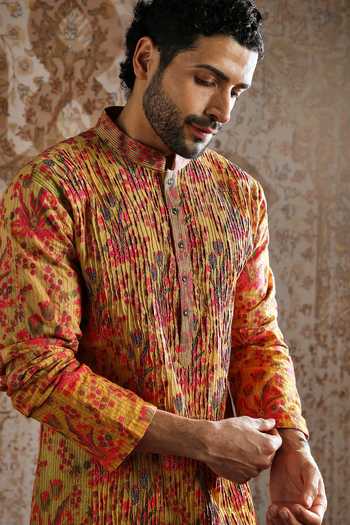 Asuka_Multi Color Silk Ornamental Brocade Pattern Kurta Set _at_Aza_Fashions