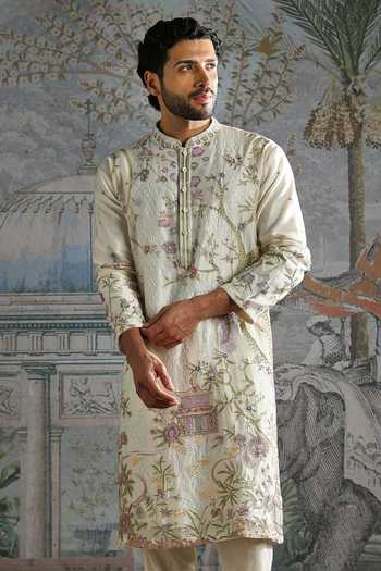 Buy_Asuka_Ivory Chanderi Silk Embroidered Kurta Set _Online_at_Aza_Fashions