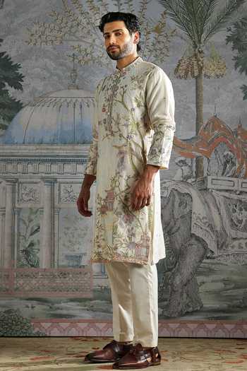 Shop_Asuka_Ivory Chanderi Silk Embroidered Kurta Set _Online_at_Aza_Fashions