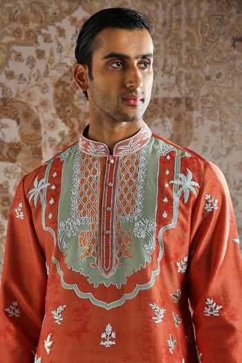 Buy_Asuka_Orange Chanderi Silk Embroidered Kurta Set _Online_at_Aza_Fashions