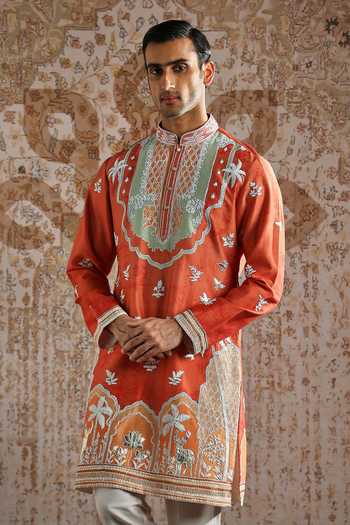 Shop_Asuka_Orange Chanderi Silk Embroidered Kurta Set _Online_at_Aza_Fashions
