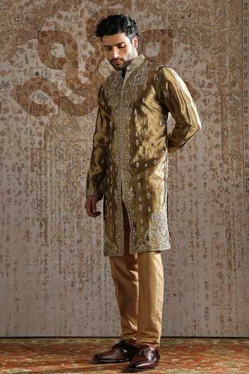 Buy_Asuka_Green Tissue Embroidered Sherwani And Pant Set _Online_at_Aza_Fashions