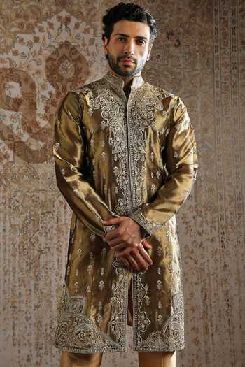 Shop_Asuka_Green Tissue Embroidered Sherwani And Pant Set _Online_at_Aza_Fashions
