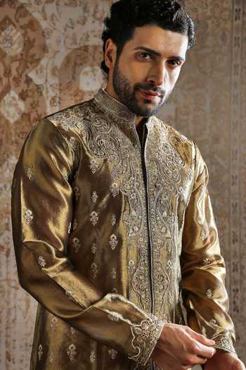 Asuka_Green Tissue Embroidered Sherwani And Pant Set _at_Aza_Fashions