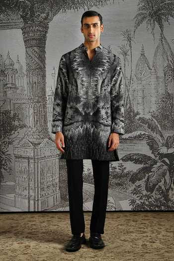 Asuka_Black Satin, Linen Abstract Print Kurta And Pant Set _at_Aza_Fashions