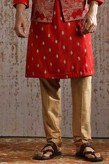 Asuka_Red Silk Embroidery, Zari Raw Bundi Kurta Set _Online_at_Aza_Fashions