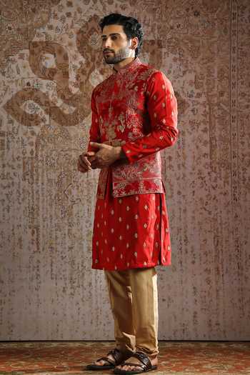 Buy_Asuka_Red Silk Embroidery, Zari Raw Bundi Kurta Set _Online_at_Aza_Fashions