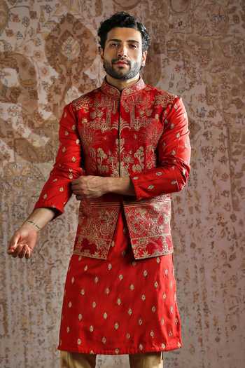 Shop_Asuka_Red Silk Embroidery, Zari Raw Bundi Kurta Set _Online_at_Aza_Fashions