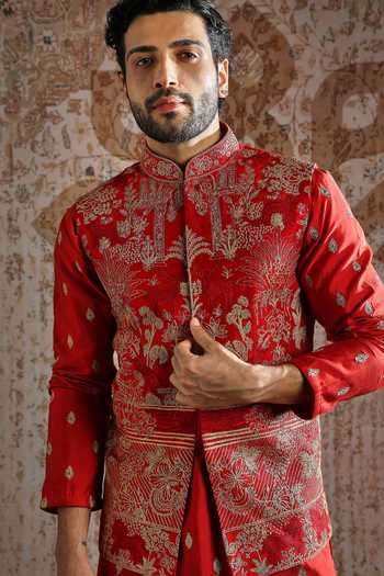 Asuka_Red Silk Embroidery, Zari Raw Bundi Kurta Set _at_Aza_Fashions