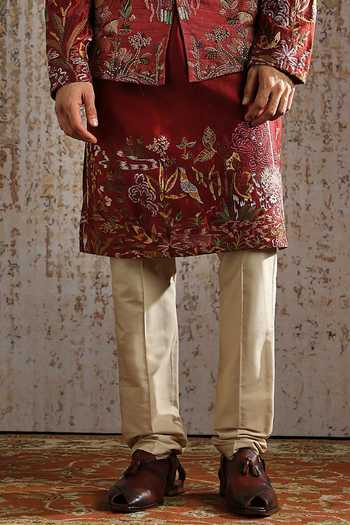 Asuka_Red Tussar Embroidery, Zari Bundi Kurta Set _Online_at_Aza_Fashions