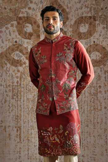 Shop_Asuka_Red Tussar Embroidery, Zari Bundi Kurta Set _Online_at_Aza_Fashions