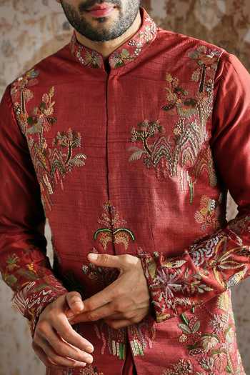 Asuka_Red Tussar Embroidery, Zari Bundi Kurta Set _at_Aza_Fashions