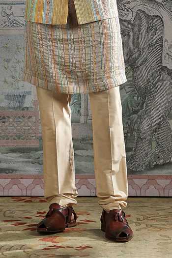 Asuka_Beige Silk, Chanderi Embroidery Vertical Panel Bundi Kurta Set  _Online_at_Aza_Fashions