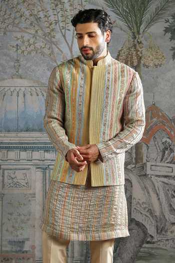 Buy_Asuka_Beige Silk, Chanderi Embroidery Vertical Panel Bundi Kurta Set  _Online_at_Aza_Fashions
