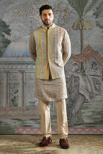 Shop_Asuka_Beige Silk, Chanderi Embroidery Vertical Panel Bundi Kurta Set  _Online_at_Aza_Fashions
