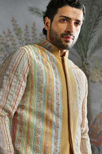 Asuka_Beige Silk, Chanderi Embroidery Vertical Panel Bundi Kurta Set  _at_Aza_Fashions