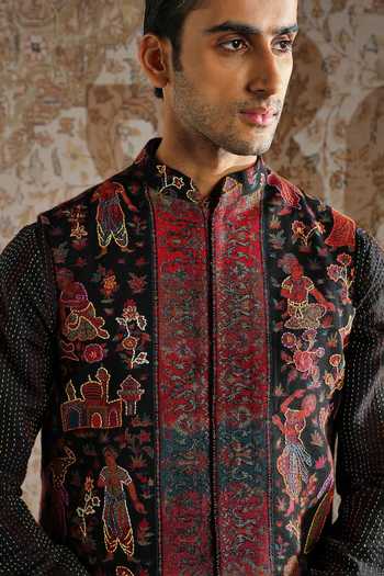 Asuka_Black Pashmina Embroidery Bundi Kurta Set _at_Aza_Fashions