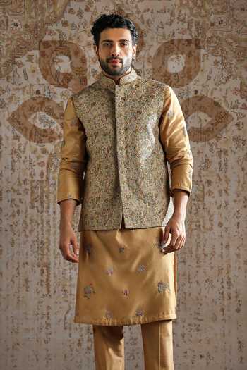 Buy_Asuka_Multi Color Silk Embroidery Bundi Kurta Set _Online_at_Aza_Fashions