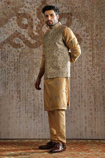 Shop_Asuka_Multi Color Silk Embroidery Bundi Kurta Set _Online_at_Aza_Fashions