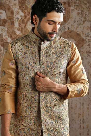 Asuka_Multi Color Silk Embroidery Bundi Kurta Set _at_Aza_Fashions