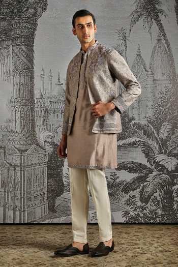 Shop_Asuka_Multi Color Silk Zari Embroidered Bundi Kurta Set _Online_at_Aza_Fashions