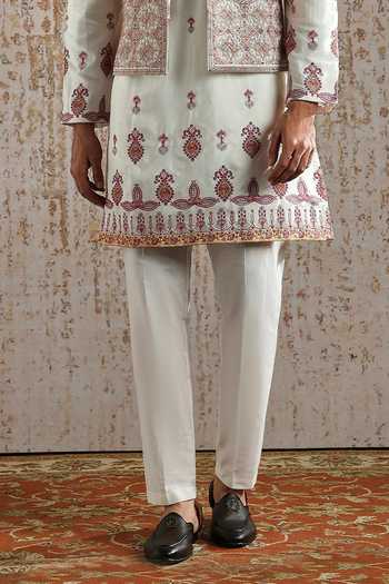 Asuka_Ivory Silk, Chanderi Embroidery Heritage Bundi Kurta Set _Online_at_Aza_Fashions