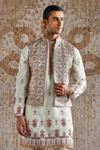 Buy_Asuka_Ivory Silk, Chanderi Embroidery Heritage Bundi Kurta Set _Online_at_Aza_Fashions