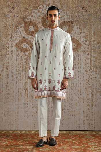 Shop_Asuka_Ivory Silk, Chanderi Embroidery Heritage Bundi Kurta Set _Online_at_Aza_Fashions