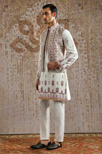 Asuka_Ivory Silk, Chanderi Embroidery Heritage Bundi Kurta Set _at_Aza_Fashions