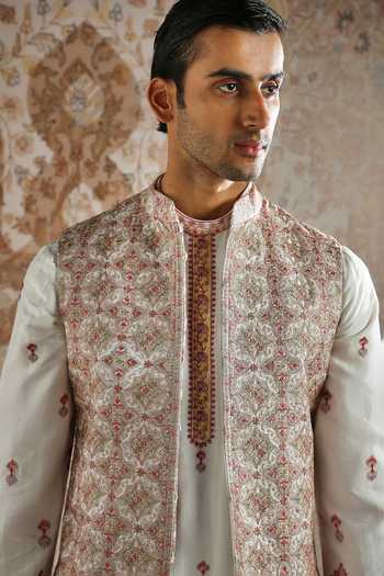 Buy_Asuka_Ivory Silk, Chanderi Embroidery Heritage Bundi Kurta Set 