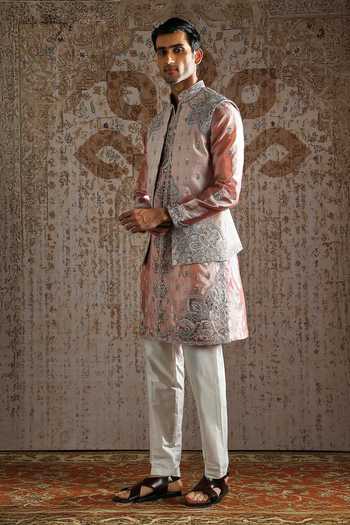 Asuka_Pink Silk, Tissue Pearls, Zari Blush Paisley Embroidered Kurta Bundi Set _Online_at_Aza_Fashions