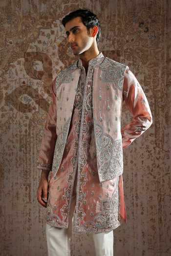 Buy_Asuka_Pink Silk, Tissue Pearls, Zari Blush Paisley Embroidered Kurta Bundi Set _Online_at_Aza_Fashions