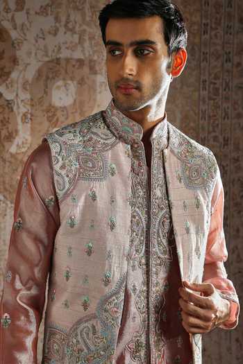 Shop_Asuka_Pink Silk, Tissue Pearls, Zari Blush Paisley Embroidered Kurta Bundi Set _Online_at_Aza_Fashions