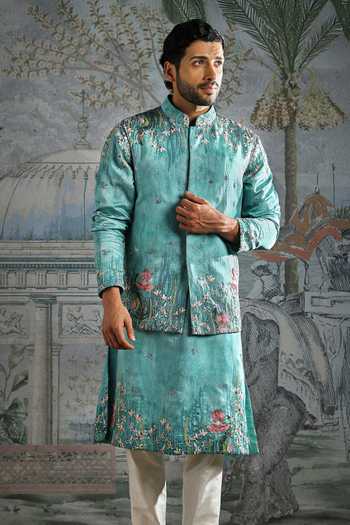 Asuka_Blue Silk Embroidery Aqua Lotus Garden Kurta Bundi Set _Online_at_Aza_Fashions