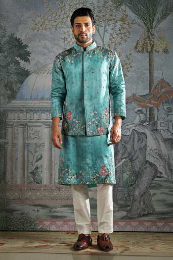 Buy_Asuka_Blue Silk Embroidery Aqua Lotus Garden Kurta Bundi Set _Online_at_Aza_Fashions