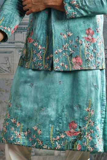 Shop_Asuka_Blue Silk Embroidery Aqua Lotus Garden Kurta Bundi Set _Online_at_Aza_Fashions