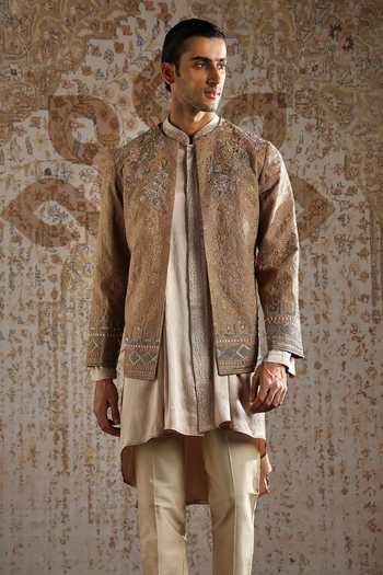Asuka_Multi Color Silk Embroidery Champagne Threaded Elegance Bandhgala Set _Online_at_Aza_Fashions