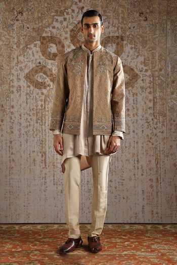 Buy_Asuka_Multi Color Silk Embroidery Champagne Threaded Elegance Bandhgala Set _Online_at_Aza_Fashions