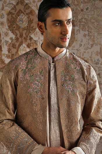 Shop_Asuka_Multi Color Silk Embroidery Champagne Threaded Elegance Bandhgala Set _Online_at_Aza_Fashions